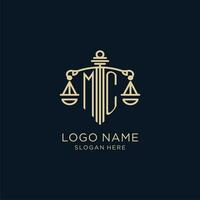 eerste mc logo met schild en balans van gerechtigheid, luxe en modern wet firma logo ontwerp vector