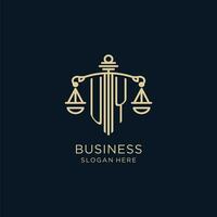eerste uy logo met schild en balans van gerechtigheid, luxe en modern wet firma logo ontwerp vector