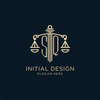 eerste sq logo met schild en balans van gerechtigheid, luxe en modern wet firma logo ontwerp vector