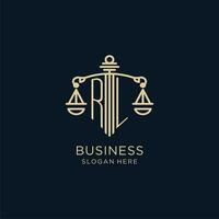 eerste rl logo met schild en balans van gerechtigheid, luxe en modern wet firma logo ontwerp vector