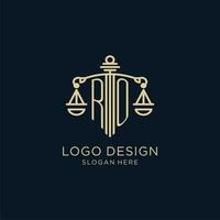 eerste ro logo met schild en balans van gerechtigheid, luxe en modern wet firma logo ontwerp vector