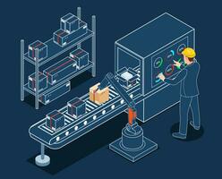 riem transportband in industrieel fabriek concept met magazijn automatisering systeem en autonoom robot vervoer operatie onderhoud. vector illustratie eps 10