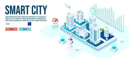 3d isometrische slim stad concept met slim Diensten, internet van dingen, netwerk, openbaar park, gebouw uitgebreid realiteit concept. vector illustratie eps10