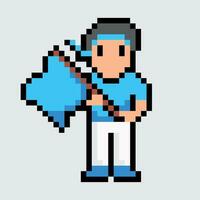 pixel pixel Mens Holding een blauw vlag vector