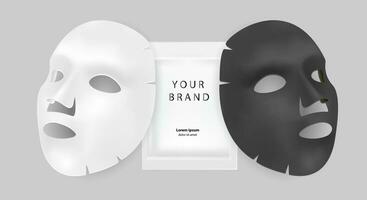 zwart en wit gelaats masker schoonheidsmiddelen advertenties. realistisch vector illustratie. pakket ontwerp voor gezicht masker geïsoleerd Aan grijs achtergrond.