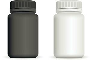 realistisch plastic flessen. zwart en wit 3d vector illustratie. bespotten omhoog sjabloon reeks van geneeskunde pakket voor pillen, capsule, drugs.
