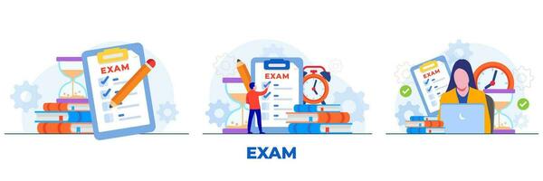 examen concept, online testen, onderwijs concept vlak illustratie, leerling tekens geconfronteerd online examens vector illustraties reeks