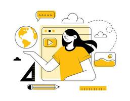 vrouw leerling aan het studeren online, online onderwijs vector vlak illustratie concept, online aan het leren, leerling gebruik technologie voor studie, e-learning