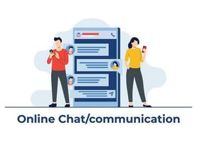 Mens en vrouw tekens communiceren Aan online chatten platform, sms'en Aan mobiel telefoon, communicatie, dialoog, internet chatten concept, Mens en vrouw Verbinden samen gebruik makend van een smartphone vector