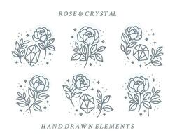 verzameling van hand- getrokken magisch elementen met kristal, roos bloemen, sterren, blad Afdeling voor vrouwelijk icoon, schoonheid logo, embleem, en andere doeleinden vector