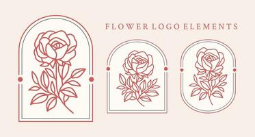 wijnoogst hand- getrokken roos bloem logo element verzameling met kader vector