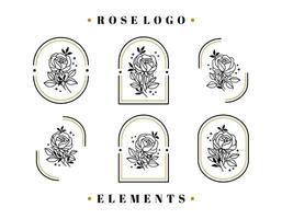 wijnoogst hand- getrokken roos bloem logo element verzameling met kader vector