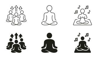 mediteren in zen houding silhouet en lijn pictogrammen set. welzijn en kom tot rust pictogram. groep yoga opdrachten zwart symbool verzameling. meditatie, kalm, balans teken. geïsoleerd vector illustratie.