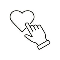 vinger kraan Aan hart lijn icoon. menselijk hand- Klik hart vorm knop lineair pictogram. liefde Bij Valentijnsdag dag symbool. romantisch teken voor sociaal media. bewerkbare hartinfarct. geïsoleerd vector illustratie.