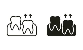 menselijk tanden groei silhouet en lijn icoon set. tanden uitbarsting pictogram. wijsheid tandjes krijgen werkwijze. mondeling geneesmiddel, tandheelkundig behandeling, tandheelkunde zwart symbool verzameling. geïsoleerd vector illustratie.
