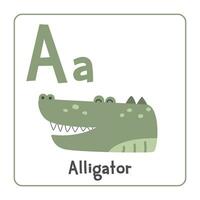 alligator clip art. alligator vector illustratie tekenfilm vlak stijl. dieren begin met brief a. dier alfabet kaart. aan het leren brief een kaart. kinderen onderwijs. schattig groen alligator vector ontwerp