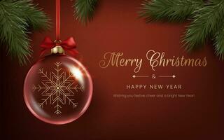 een transparant Kerstmis bal met een sneeuwvlok binnen, luxueus goud illustratie. vrolijk Kerstmis en gelukkig nieuw jaar rood banier met pijnboom groen takken. niet ai gegenereerd. vector