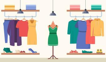 kleding op te slaan. kleren winkel interieur, boetiek. divers vrouwen en Mannen kleren Aan hangers, schoenen Aan planken, mannequin. vector illustratie.