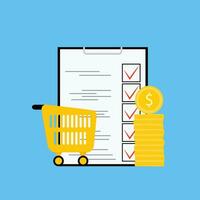 Product begroting en lijst. planning supermarkt controleren, winkel, uitverkoop, kleinhandel aankoop checklist en geld begroting. vector illustratie