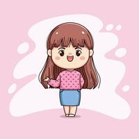 schattig meisje lang haar- met roze trui tonen iets chibi kawaii vector