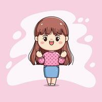 schattig meisje lang haar- met roze trui gevoel gelukkig of trots chibi vector