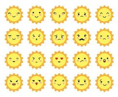 set zonvormige emoji met verschillende stemming. kawaii schattige zon-emoticons en Japanse anime-emoji-gezichten. vector