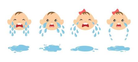 set cartoon huilende baby gezichten met traandruppels en plassen. huilende kinderen illustratie. overstuur emoticons vector