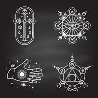 esoterische symbolen. vector. dunne lijn geometrische badge. overzichtspictogram voor alchemie of heilige geometrie. mystiek en magisch ontwerp met steen der wijzen, oud zwaard, hand, sterren, planeten en maan. vector