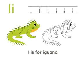 traceren alfabet brieven met schattig dieren. kleur schattig leguaan. spoor brief i. vector