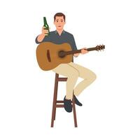 musicus Speel akoestisch gitaar en Holding fles van bier Bij een bar. vector