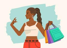 jong geluk blij shopaholic elegant modieus vrouw Bij kleinhandel winkelcentrum op te slaan draag- boodschappen doen Tassen vector