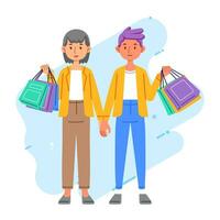 geluk blij shopaholic elegant modieus paar Bij kleinhandel winkelcentrum op te slaan draag- boodschappen doen Tassen vector