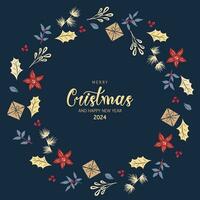 hand- getrokken vrolijk Kerstmis 2024 tekst met illustratie van boom takken, bessen, kegels en hulst. mooi zo optie voor groet kaart, uitnodiging, poster sjabloon en enz. vector
