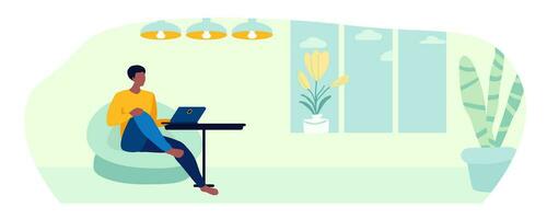 Mens met een laptop in een stoel, afgelegen werk, avond, venster, lampen, vector illustratie