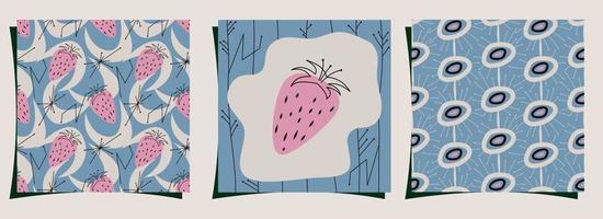 een set covers met fruit en naadloos patroon in moderne stijl uit het midden van de eeuw. retro vintage stijl met strepen en elektrische sterren. vectorillustratie. vector