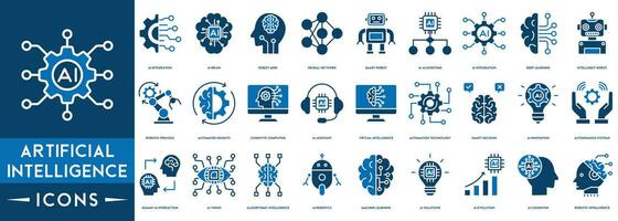 kunstmatig intelligentie- lijn pictogrammen set. ai pictogrammen omvat machine aan het leren, ai assistent, virtueel intelligentie, automatisering technologie, ai technologie, toekomst, robotten. vector