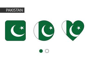 Pakistan 3 vormen vierkant, cirkel, hart met stad vlag. geïsoleerd Aan wit achtergrond. vector