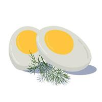 moeilijk gekookt gesneden gebroken ei met dille takje vlak stijl met schaduw geïsoleerd Aan wit achtergrond. elementen van ontbijt symbool. vector illustratie.