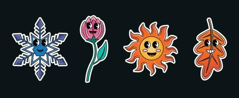 reeks van stickers vier seizoenen in retro stijl met grappig tekenfilm tekens vector