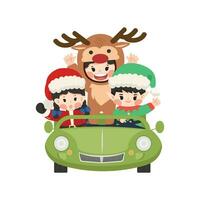 de kerstman claus elf en rendier met auto vector