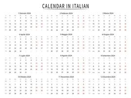 Italiaans kalender 2024. Italiaans kalender sjabloon week begint zaterdag. vector illustratie.