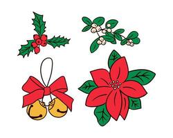vlak tekenfilm Kerstmis decoraties verzameling. vector hand- getrokken knus Afdeling van maretak, hulst bessen, rinkelen klokken en kerstster bloem Aan wit achtergrond. mooi zo voor Kerstmis decoratie, sticker