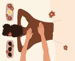zwart vrouw ontspannende Bij de lichaam massage. massage in spa centrum. genezing procedures in Gezondheid centrum. heet steen massage. top visie. vector illustratie