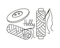 hobby icoon, embleem. haspel van draad, knop en naald, patroon is lineair. tekening. logo vector