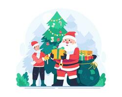 de kerstman claus met een zak vol van cadeaus geven een Kerstmis geschenk naar een weinig jongen. vrolijk Kerstmis concept illustratie vector