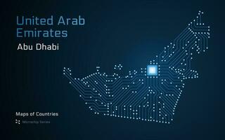 Verenigde Arabisch emiraten, gloeiend kaart met een hoofdstad van abu dhabi getoond in een microchip patroon. e-overheid. wereld landen vector kaarten. microchip serie