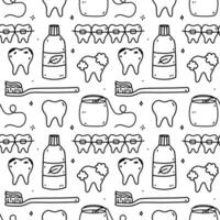 naadloos patroon met tandheelkundig zorg items - mondwater, tandheelkundig flossen, tanden, een beugel en tandenborstel. mondeling hygiëne. vector hand getekend tekening illustratie. perfect voor afdrukken, behang, decoraties.