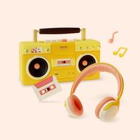 3d retro boombox, audio cassette en hoofdtelefoons reeks tekenfilm stijl. vector