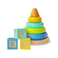 3d kind speelgoed- concept tekenfilm stijl abc blok en piramide. vector