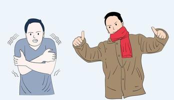een man die een shirt draagt dat koud is. naast hem zit een man die er blij uitziet als hij een jas draagt. handgetekende stijl vectorontwerpillustraties. vector